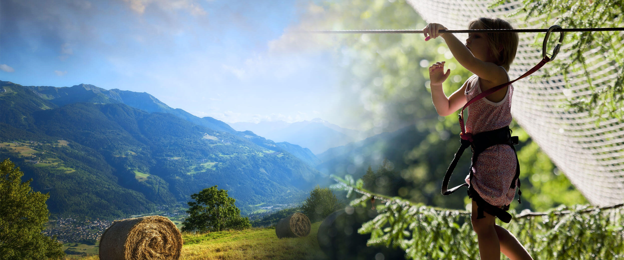 Montage entre deux photos : un panorama de la vallée des Versants d'Aime avec des bottes de foin au premier plan ; et une petite fille sur le parcours d'accrobranches du plan d'eau de Macôt La Plagne.